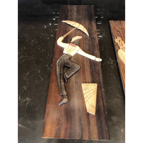 Vintage African Set Girl & Boy Folk Art Scroll Cut Hand Carved Wood Plaque RARE - Picture 3 of 5